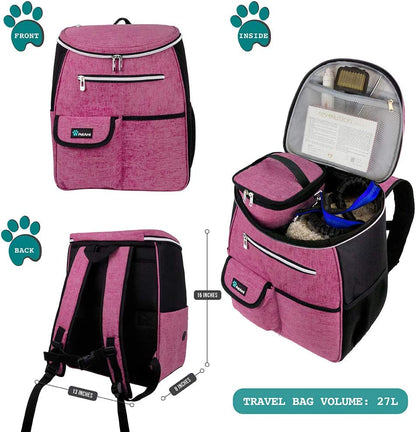 Dog Travel Backpack - Airline Approved Pet Carrier with Diaper Bag Supplies, Camping and Hiking Accessories, Includes Food Container and Collapsible Bowls, Pink