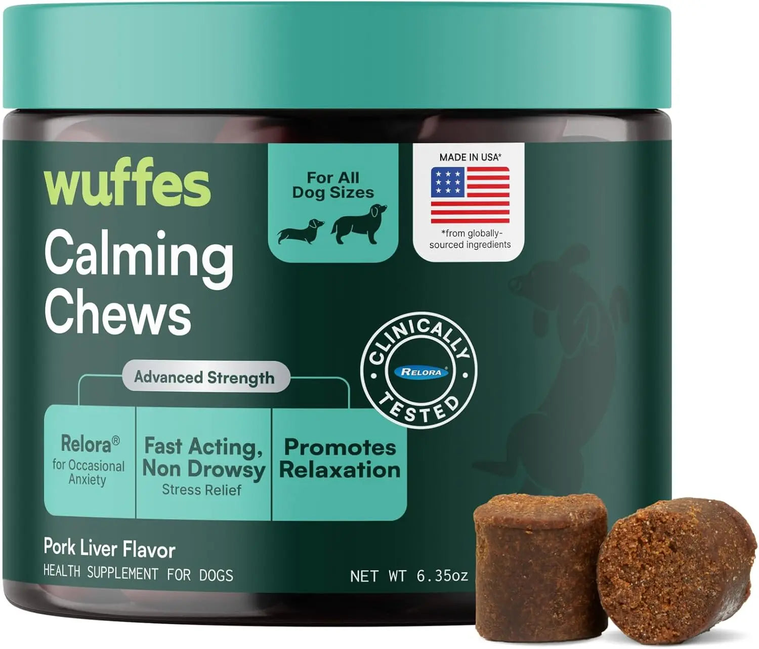 Wuffes Calming Chews for Dogs - Stress Support Supplement - Non-Drowsy Relief for All Breeds - Made in the USA - 60 Soft Chews