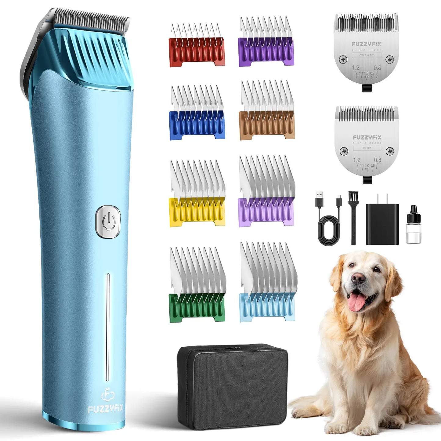 Nova Fuzzyfix Professional Dog Grooming Clipper with Replacement Blade - 5-in-1 Adjustable Cordless Pet Grooming Kit, 2-Speed Rechargeable Trimmer with Detachable Metal Guide Combs for Dogs and Horses