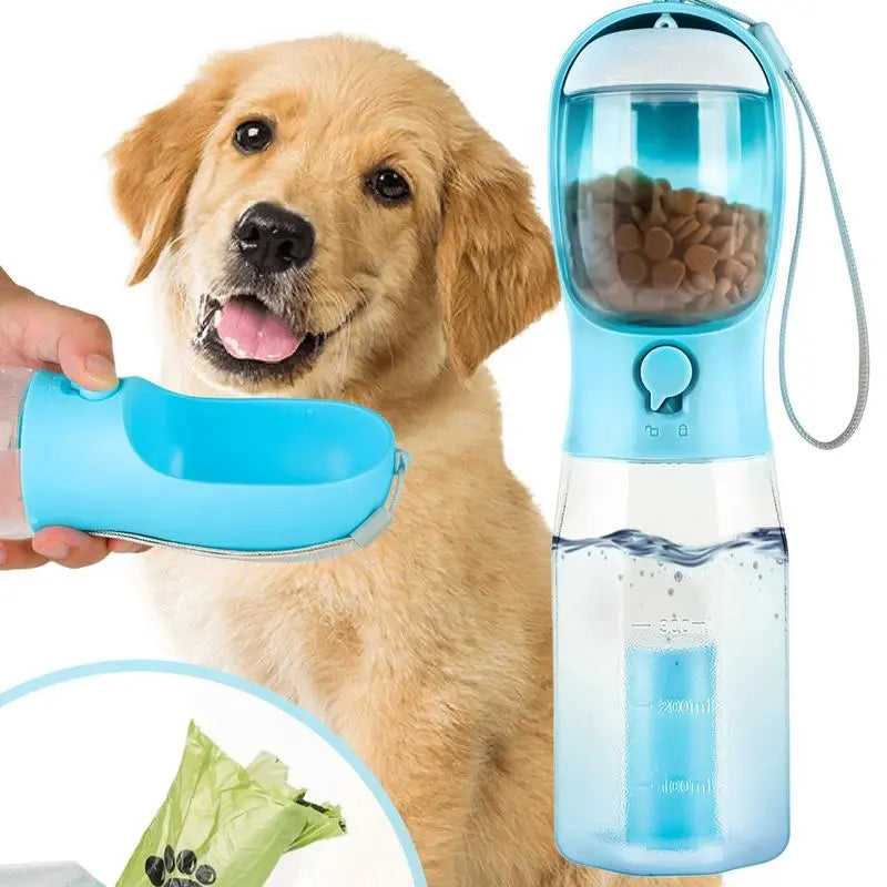 Portable Dog Water Bottle with 3-in-1 Travel Bowl Dispenser, Food Treat Container, and Poop Bag Holder - Ideal for Outdoor Activities with Large Dogs, 20 Oz, Blue