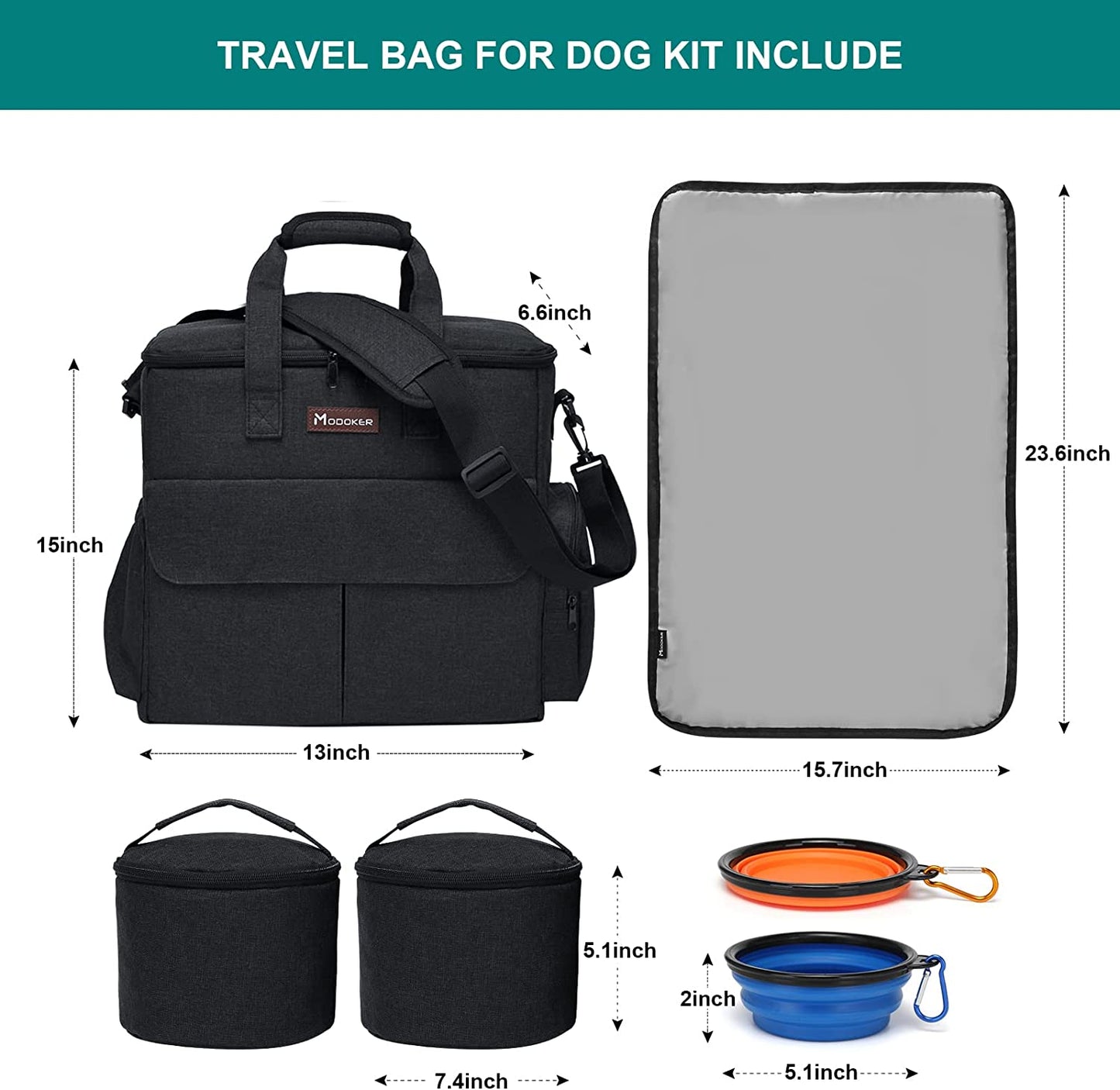 Professional Dog Travel Kit: Comprehensive Weekend Travel Bag with Organizer, Two Collapsible Bowls, and Two Food Containers (Black)