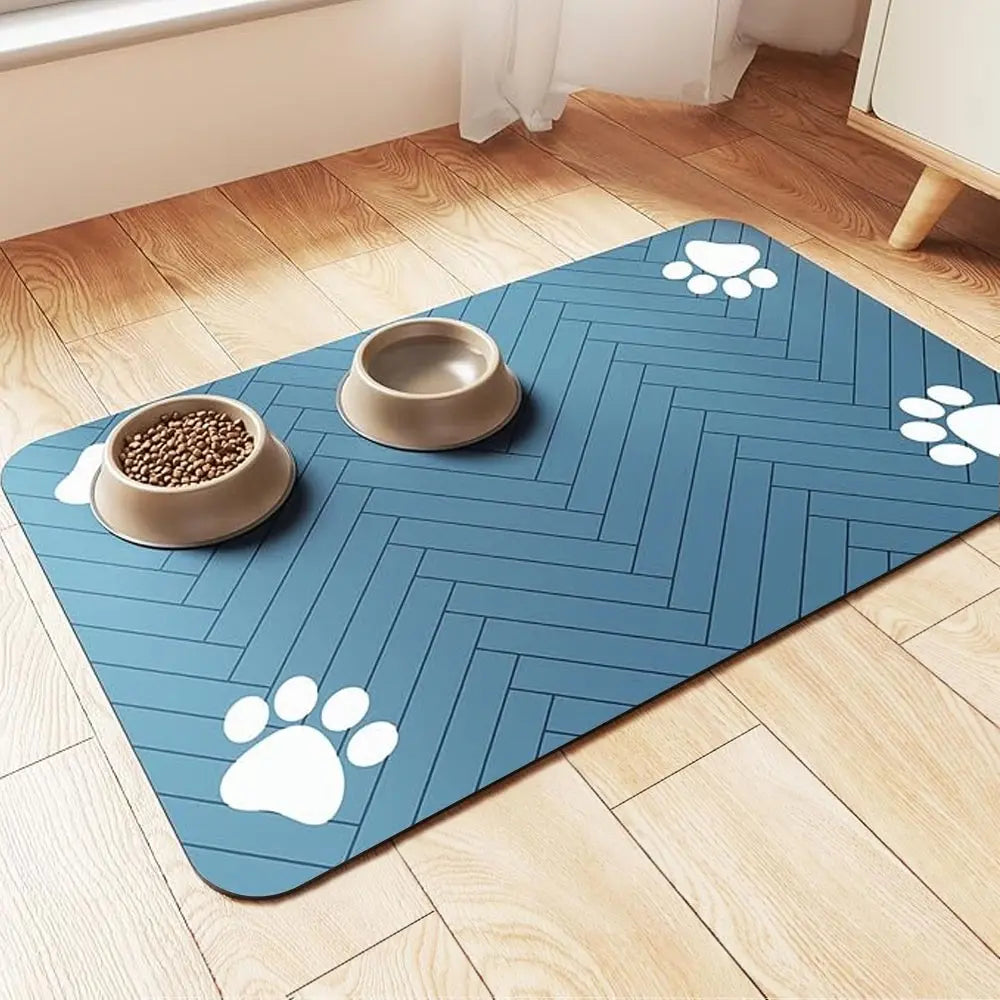 Quick-Drying Absorbent Pet Feeding Mat for Dogs and Cats with Non-Slip Rubber Base and Dark Polyester Surface for Indoor Use