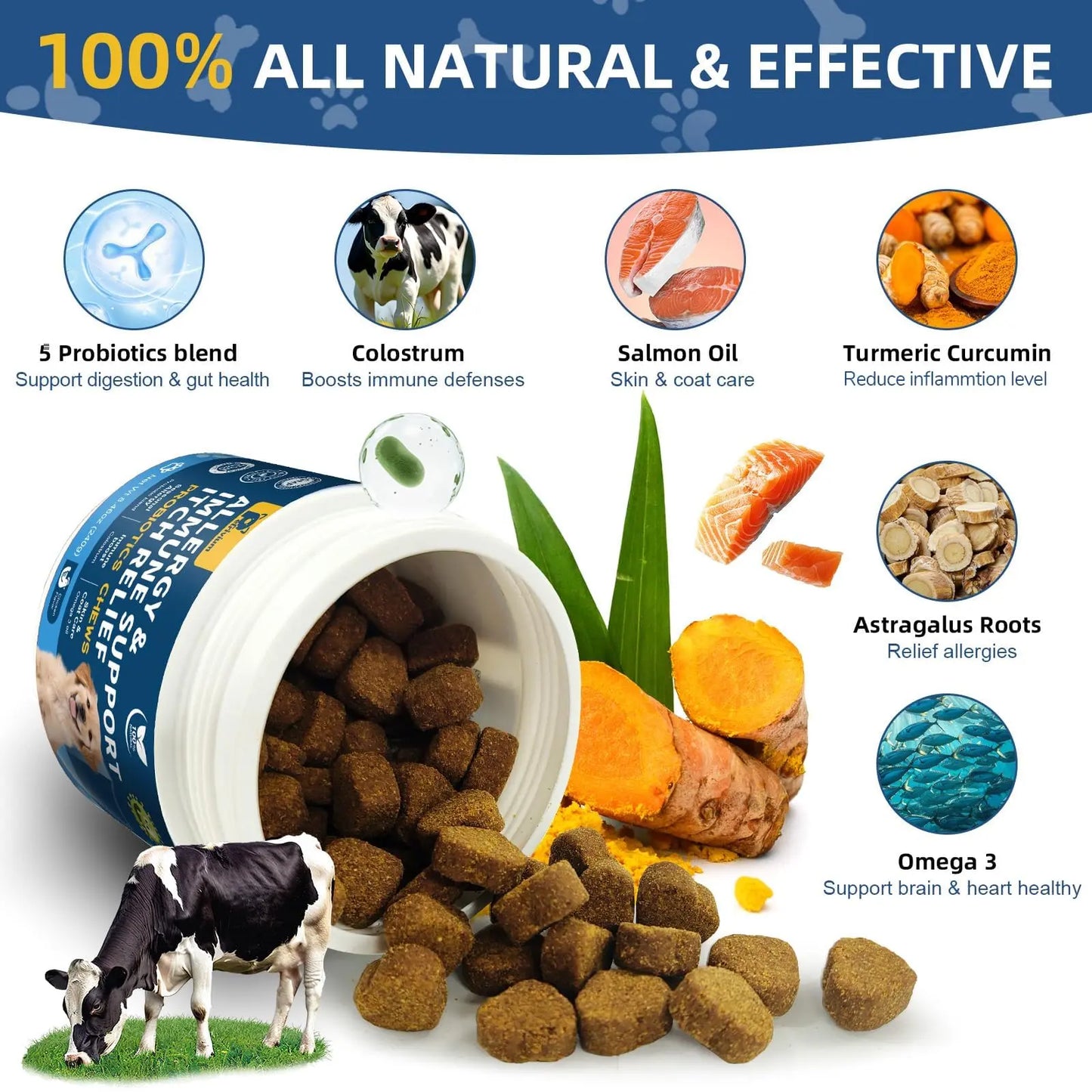 Upgraded Allergy and Immune Support Chews for Dogs - Jumbo Size 120 Count, Chicken Flavor, with Probiotics, Colostrum, and Fish Oil for Itching Relief and Gut Health