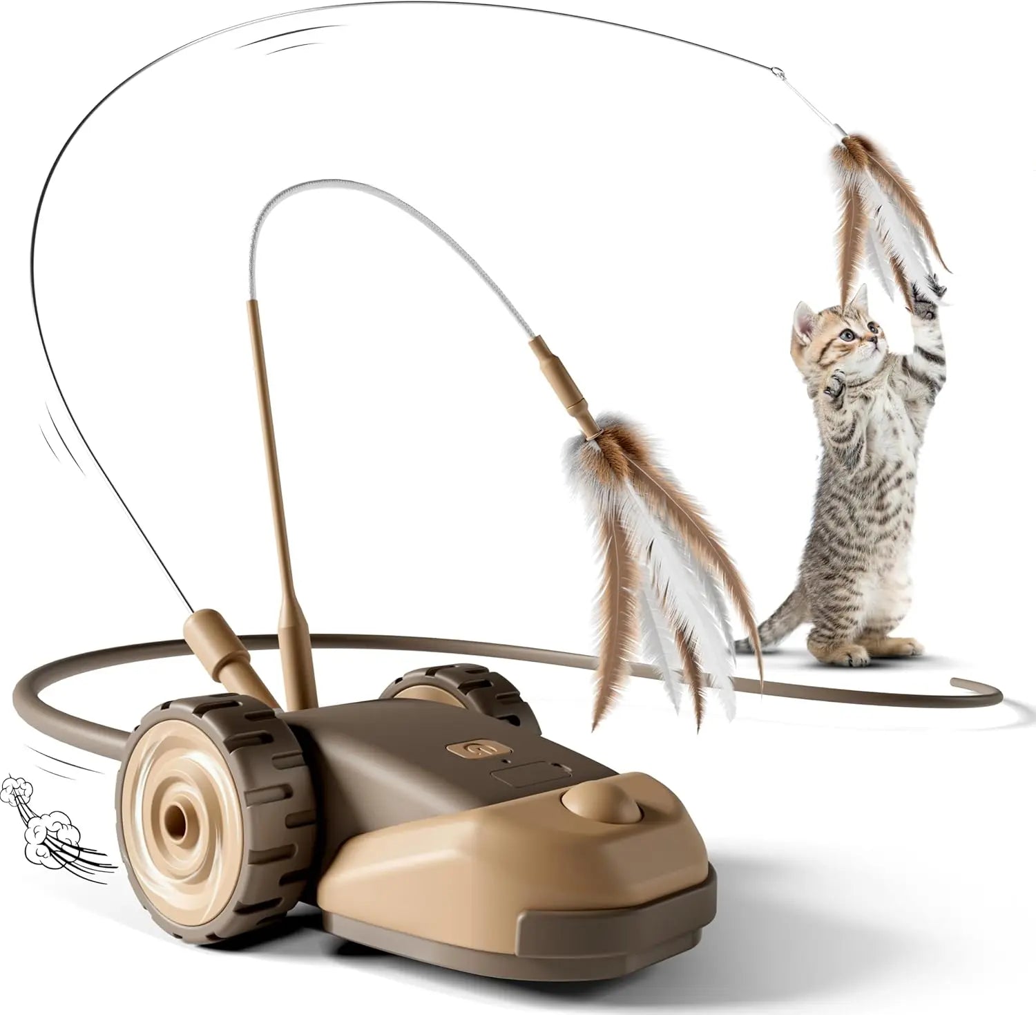 3-in-1 Interactive Cat Toy with Automatic Moving Mouse, Two-Speed Settings, Hanging Feather Ribbons, and Wiggly Silicone Tail for Indoor Cats and Kittens
