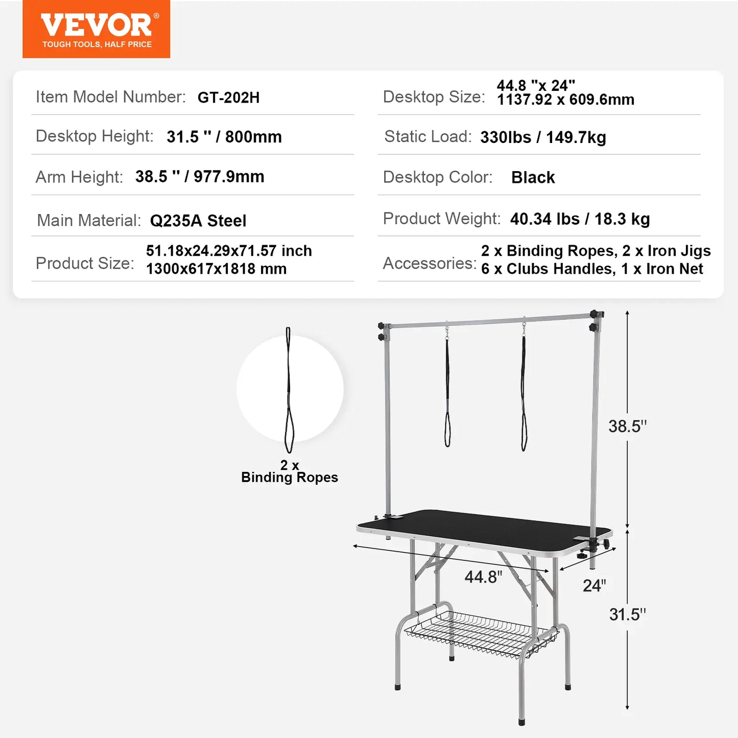 VEVOR Professional Pet Grooming Table with Two Arms and Clamp, 46'' Foldable Grooming Station for Medium and Small Dogs, Includes Free No-Sit Haunch Holder and Grooming Loop, Supports Up to 330 lbs