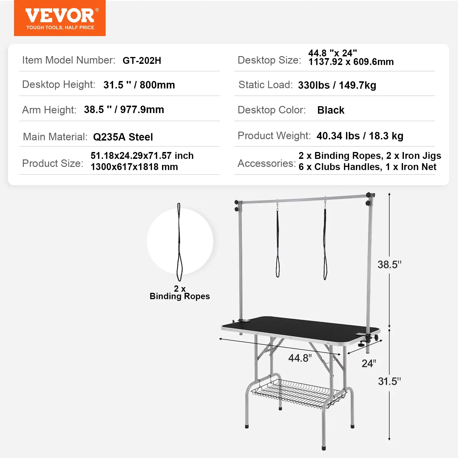 VEVOR Professional Pet Grooming Table with Two Arms and Clamp, 46'' Foldable Grooming Station for Medium and Small Dogs, Includes Free No-Sit Haunch Holder and Grooming Loop, Supports Up to 330 lbs