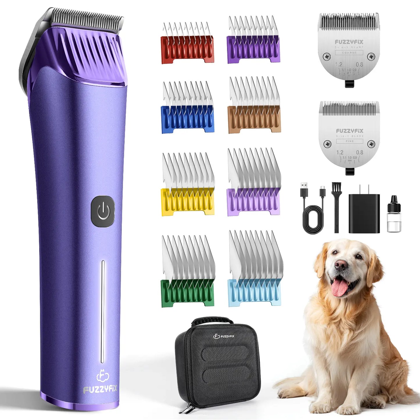 Nova Fuzzyfix Professional Dog Grooming Clipper with Replacement Blade - 5-in-1 Adjustable Cordless Pet Grooming Kit, 2-Speed Rechargeable Trimmer with Detachable Metal Guide Combs for Dogs and Horses