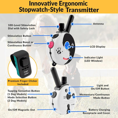 Rechargeable E-Collar Dog Training System with Remote and Clicker for Small to Medium Dogs, Humane Tapping Stimulation, 100 Levels, Tone, Light, 1/2 Mile Range, Single Dog Use, Zen Series