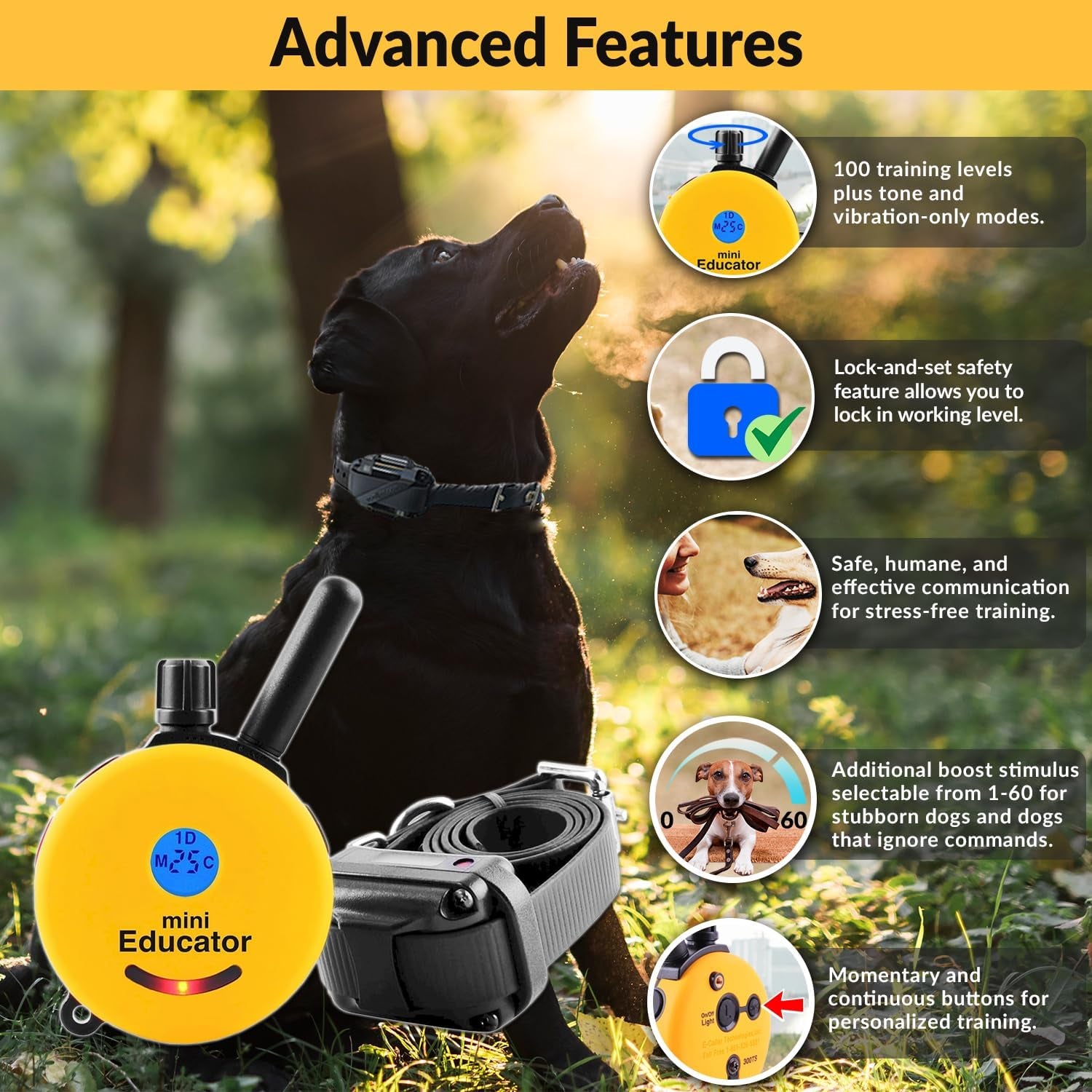 ET-300 Mini Remote Dog Training Collar - Waterproof with 1/2 Mile Range, Premium Clicker Trainer, 100 Stimulation Levels, Vibration, Light, and Sound Features for Small to Medium Dogs, Yellow
