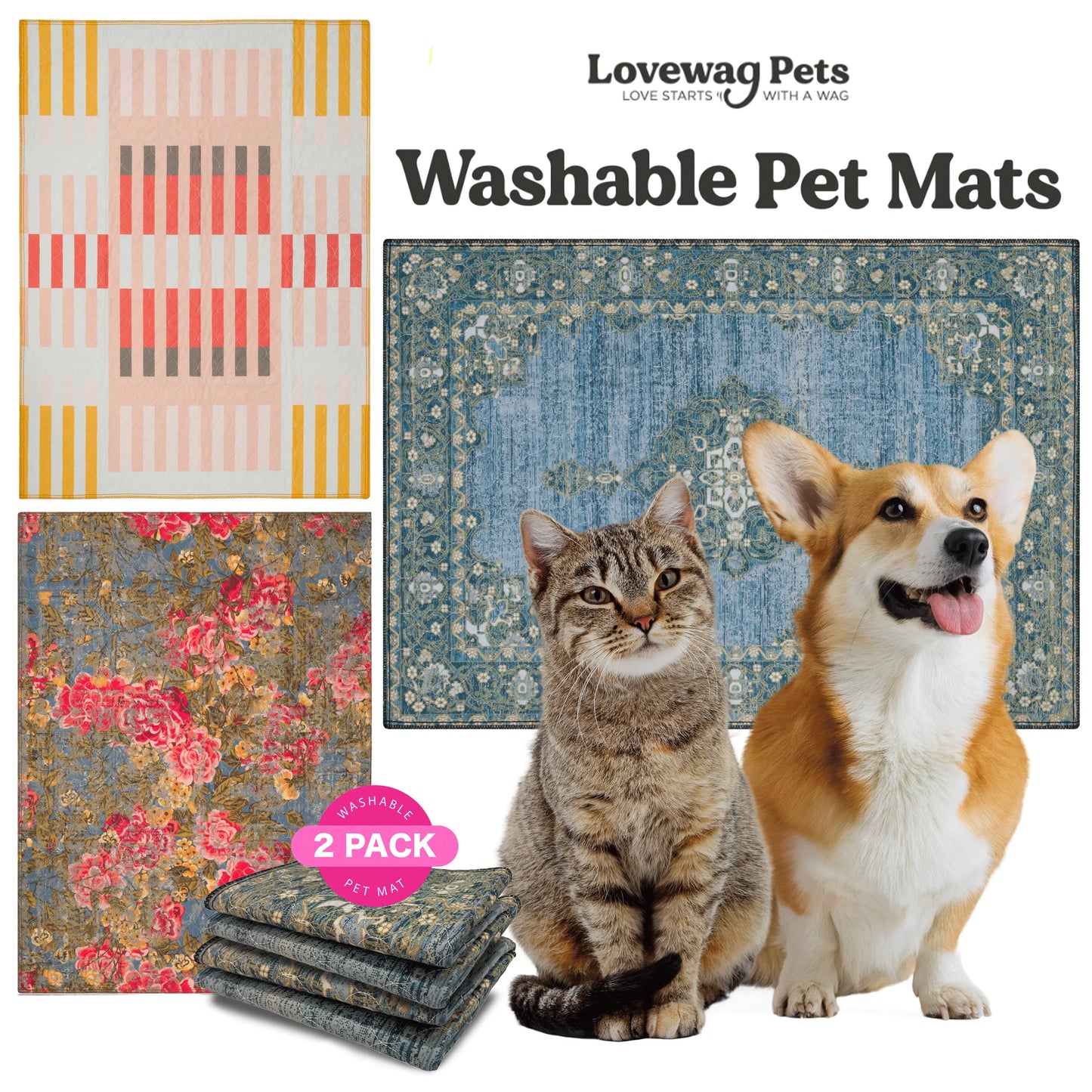 Lovewag Pets Reusable Dog Pads - Set of 2, Eco-Friendly and Leak-Proof, Available in Multiple Designs: Blue Mesa, Blue Hazel, Guava Stripes, Heirloom Rose, Sizes 36" x 48" and 28" x 41