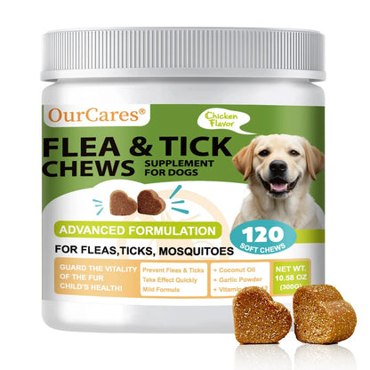 OURCARES Natural Chicken Flavor Bites Prevention Chews for Dogs - 120 Count, Plant-Based with Probiotics, Coconut Oil, and Flaxseed for All Breeds - New and Old Packaging, Random Delivery