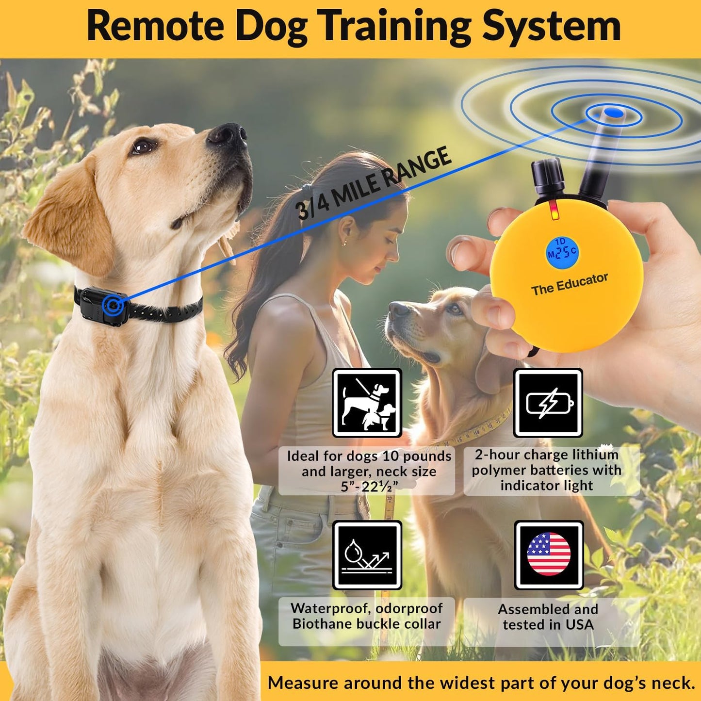 Humane Remote Dog Training Collar with 100 Safe Stimulation Levels, Night Light, Waterproof Design, Rechargeable, 3/4 Mile Range for Small to Medium Dogs - Yellow