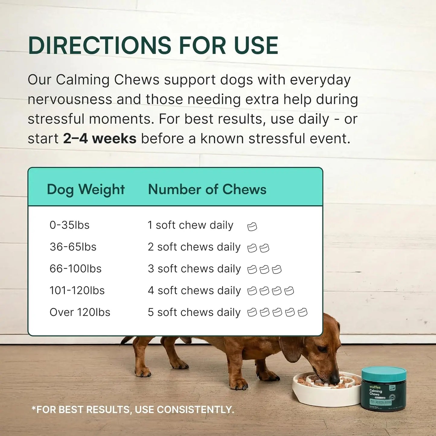 Wuffes Calming Chews for Dogs - Stress Support Supplement - Non-Drowsy Relief for All Breeds - Made in the USA - 60 Soft Chews