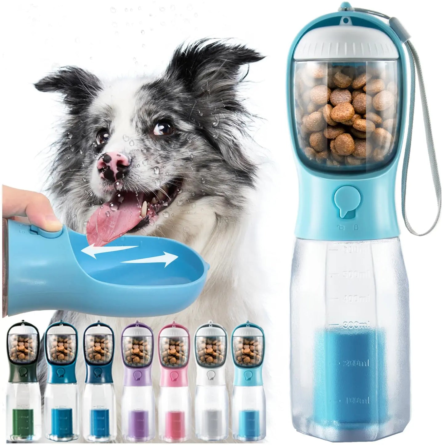 Portable Dog Water Bottle with 3-in-1 Travel Bowl Dispenser, Food Treat Container, and Poop Bag Holder - Ideal for Outdoor Activities with Large Dogs, 20 Oz, Blue