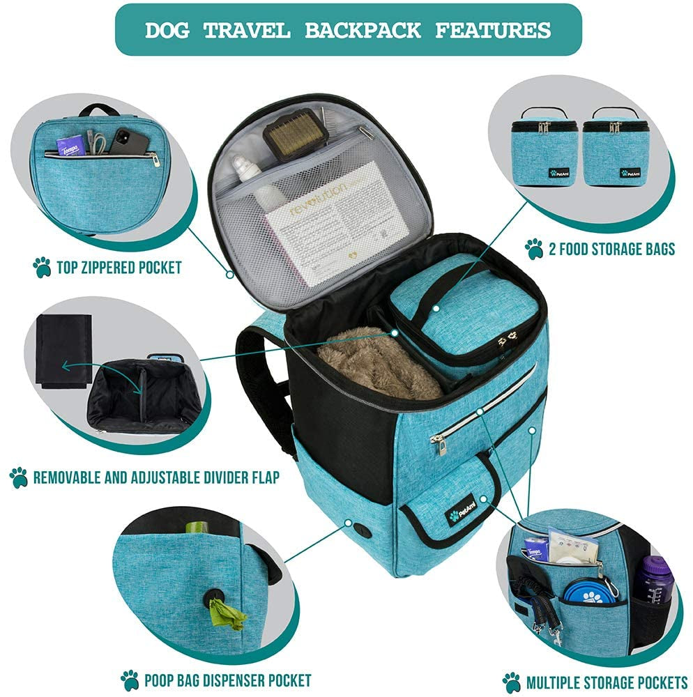 Professional Dog Travel Backpack - Airline Approved, Versatile Diaper Bag for Puppies, Essential Accessories for Camping and Hiking, Includes Food Container and Collapsible Bowls, Ideal Gift for Dog Owners, Teal Blue