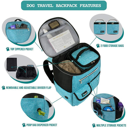 Professional Dog Travel Backpack - Airline Approved, Versatile Diaper Bag for Puppies, Essential Accessories for Camping and Hiking, Includes Food Container and Collapsible Bowls, Ideal Gift for Dog Owners, Teal Blue