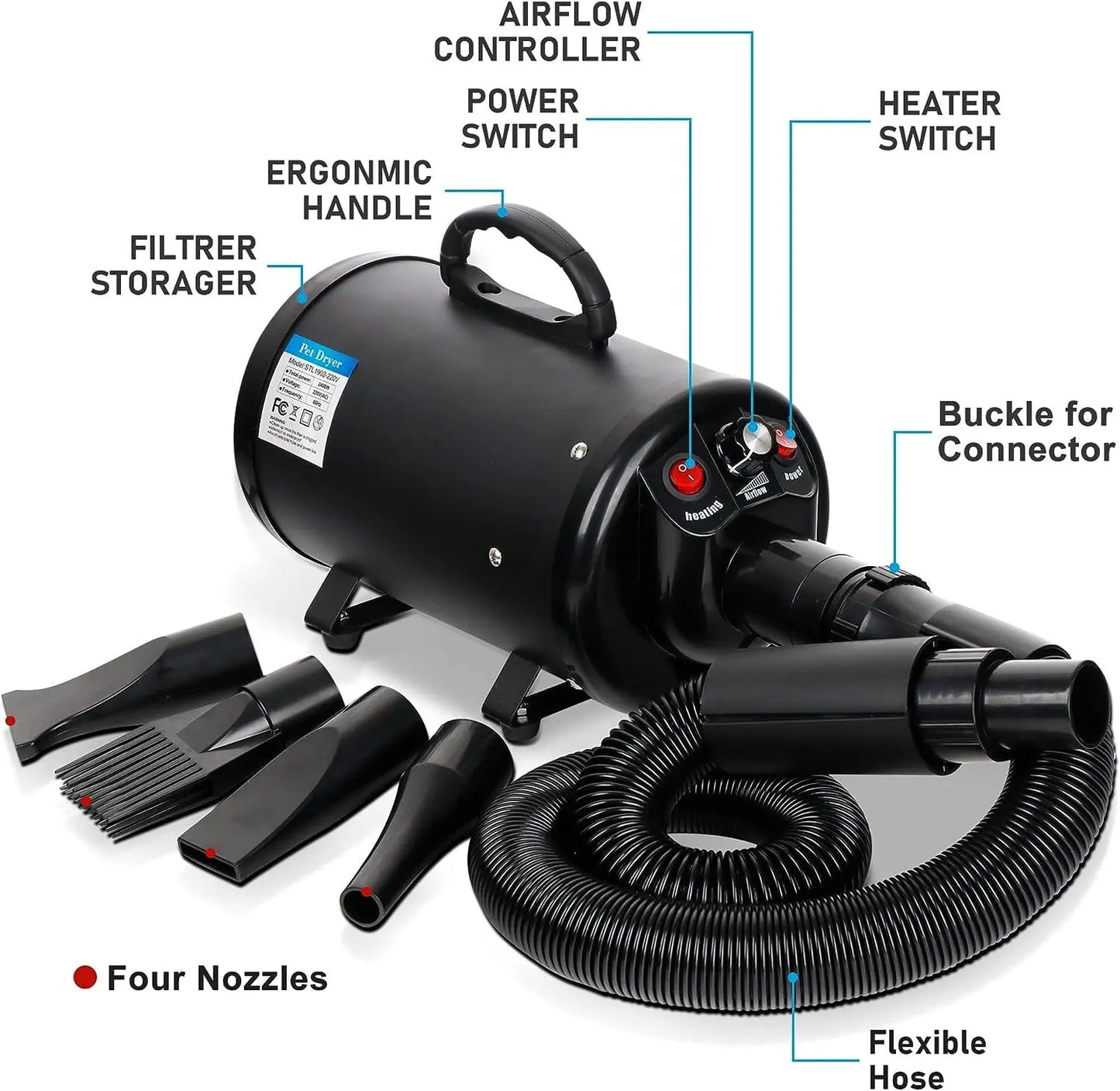 Professional Pet Grooming Hair Dryer - 2400W Portable Quick-Drying Variable-Speed Tool with 4 Adjustable Nozzles for Dogs, NOVA Model