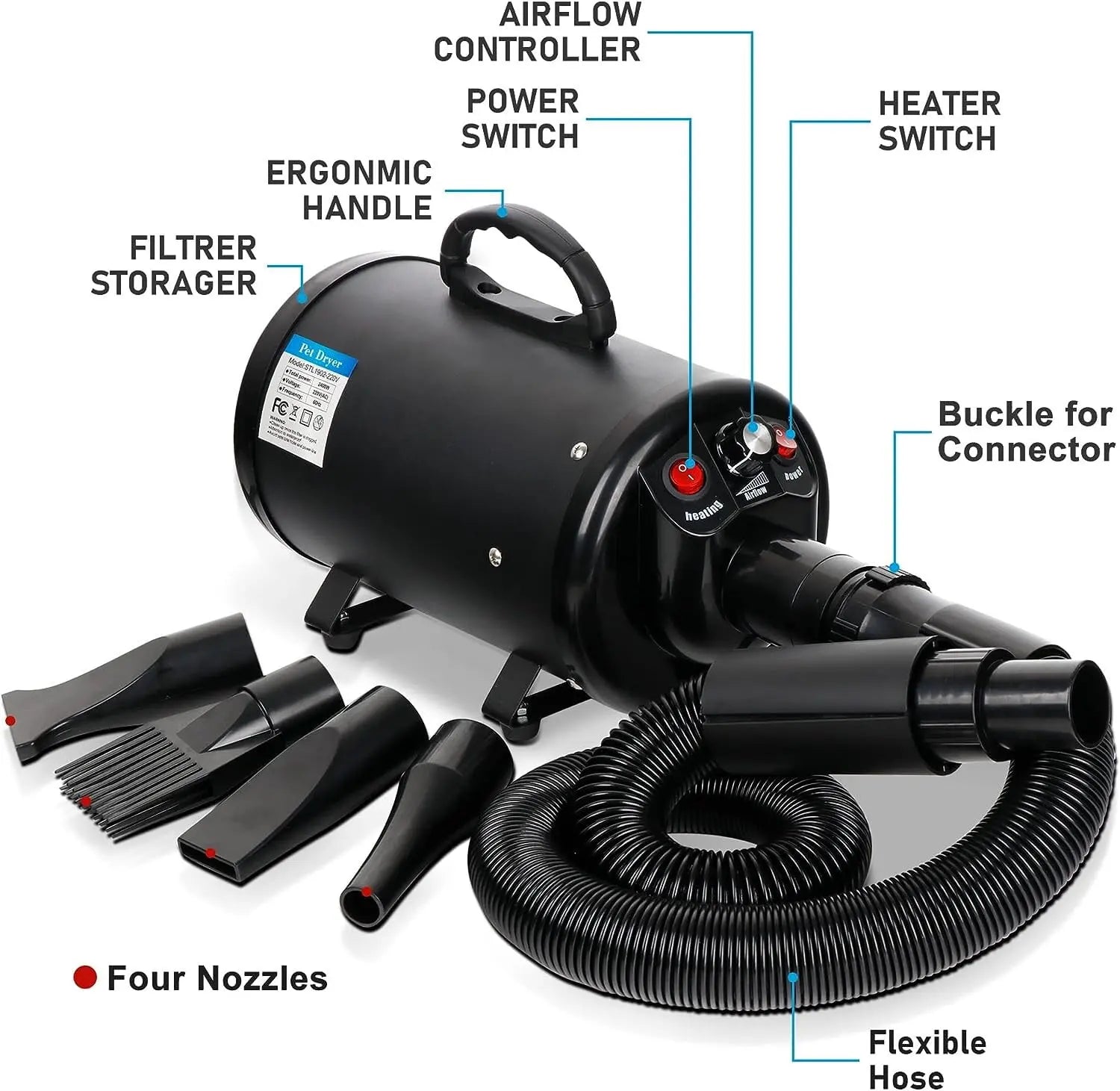 Professional Pet Grooming Hair Dryer - 2400W Portable Quick-Drying Variable-Speed Tool with 4 Adjustable Nozzles for Dogs, NOVA Model