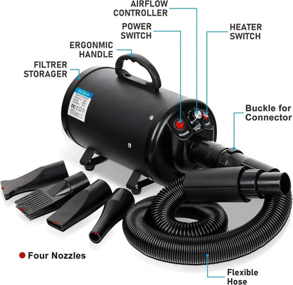 Professional Pet Grooming Hair Dryer - 2400W Portable Quick-Drying Variable-Speed Tool with 4 Adjustable Nozzles for Dogs, NOVA Model