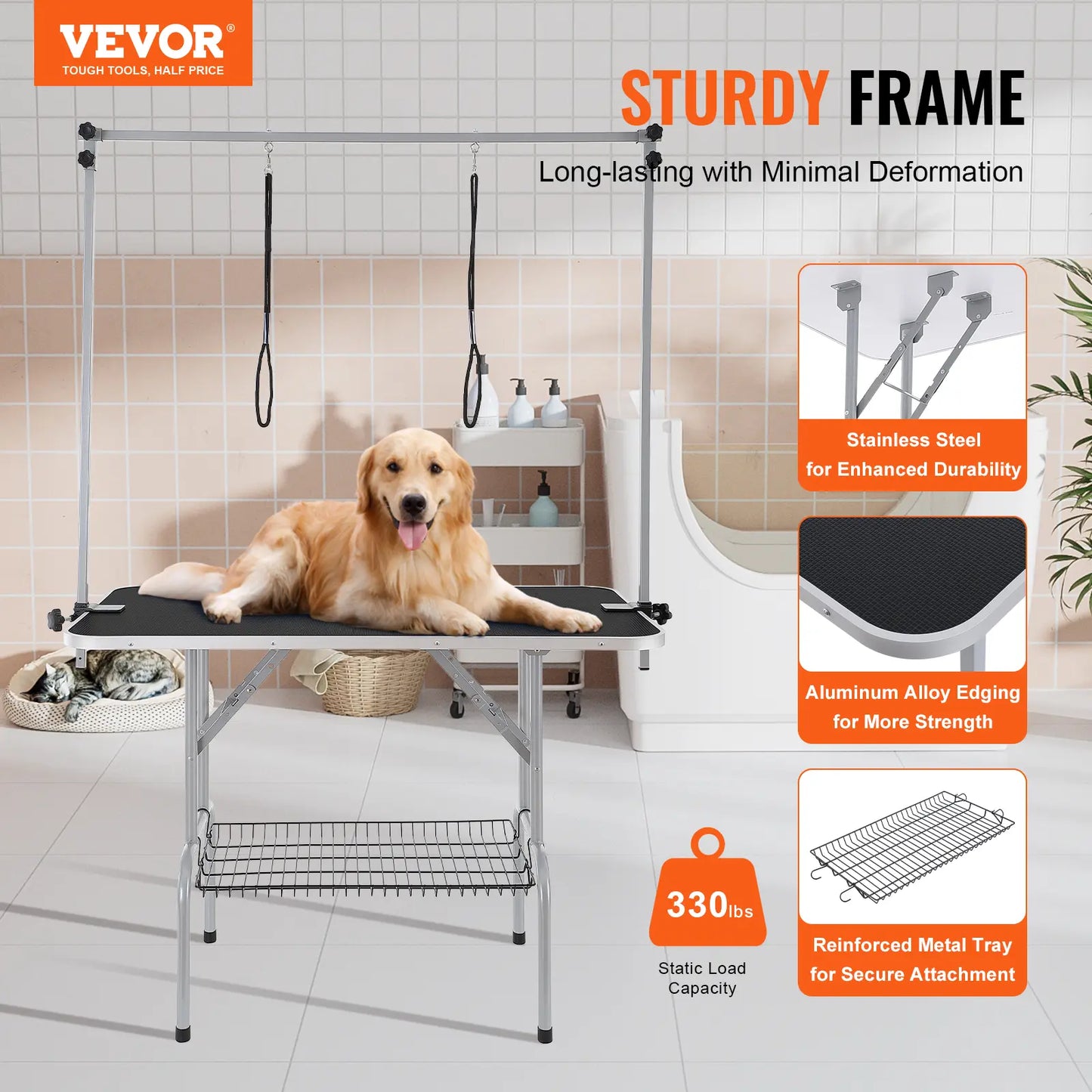 VEVOR Professional Pet Grooming Table with Two Arms and Clamp, 46'' Foldable Grooming Station for Medium and Small Dogs, Includes Free No-Sit Haunch Holder and Grooming Loop, Supports Up to 330 lbs