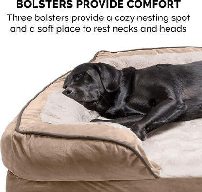 Large Memory Foam Dog Bed with Removable Bolsters and Washable Cover for Dogs up to 95 lbs - Plush Velvet Waves Comfort Sofa in Brownstone, Jumbo/XL