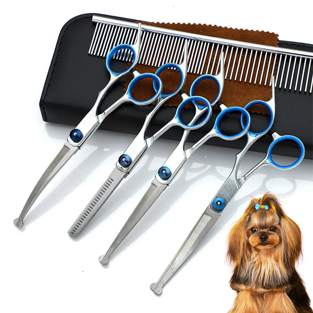 Pawzseek Professional 5-In-1 Stainless Steel Dog Grooming Scissors Set with Safety Round Tips - Ideal for Cats as Well