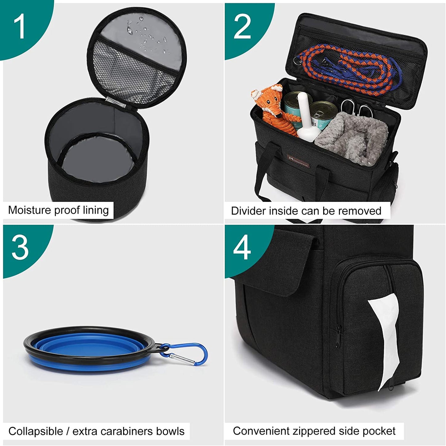 Professional Dog Travel Kit: Comprehensive Weekend Travel Bag with Organizer, Two Collapsible Bowls, and Two Food Containers (Black)