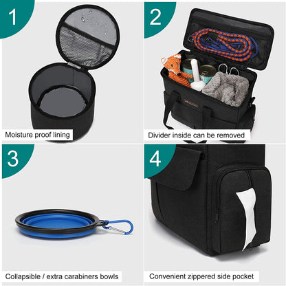 Professional Dog Travel Kit: Comprehensive Weekend Travel Bag with Organizer, Two Collapsible Bowls, and Two Food Containers (Black)