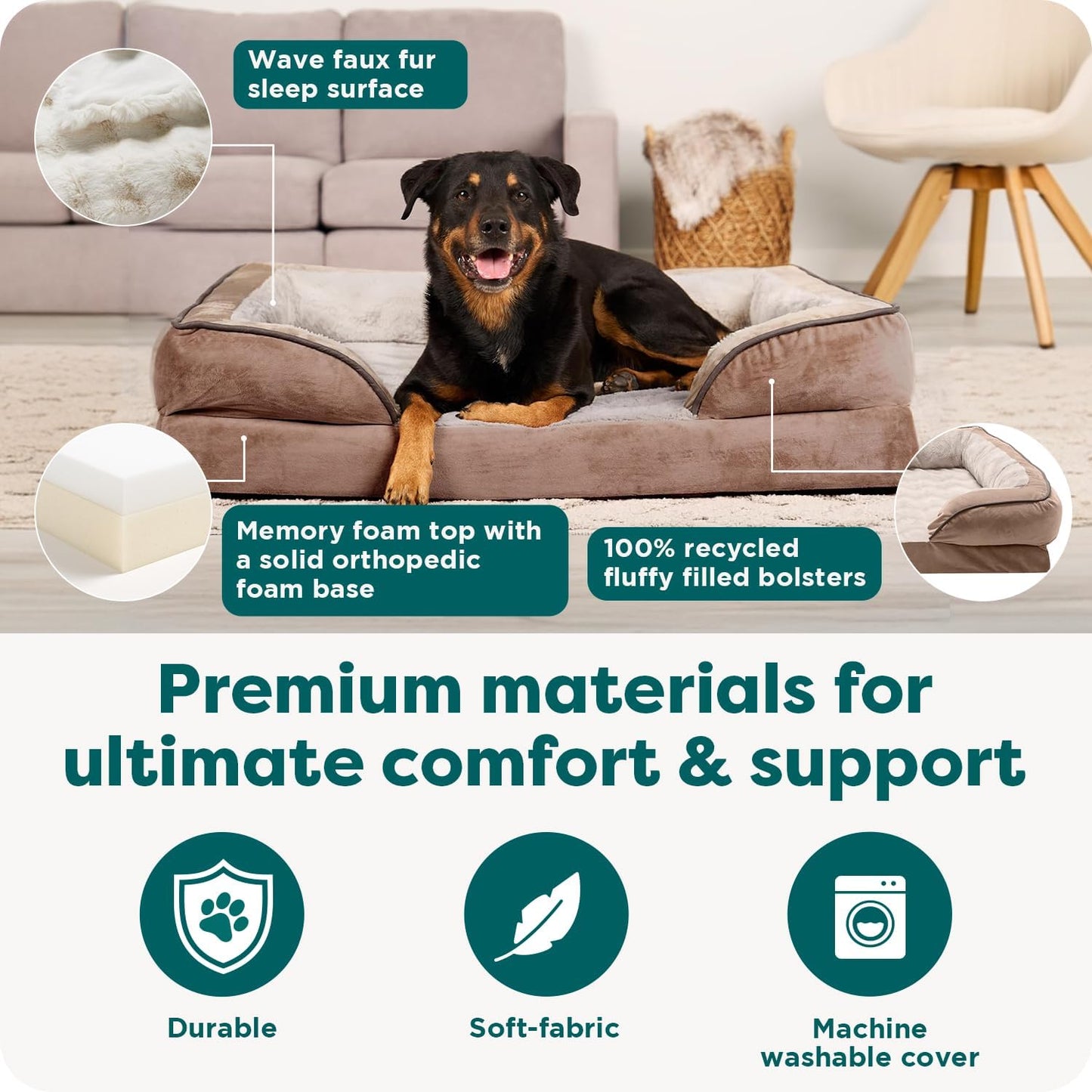 Large Memory Foam Dog Bed with Removable Bolsters and Washable Cover for Dogs up to 95 lbs - Plush Velvet Waves Comfort Sofa in Brownstone, Jumbo/XL