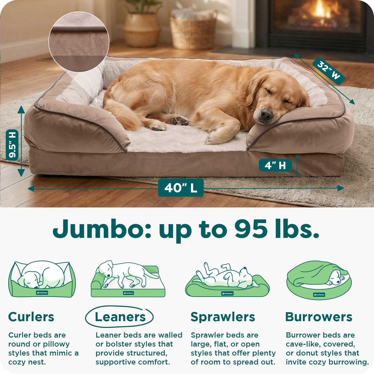 Large Memory Foam Dog Bed with Removable Bolsters and Washable Cover for Dogs up to 95 lbs - Plush Velvet Waves Comfort Sofa in Brownstone, Jumbo/XL