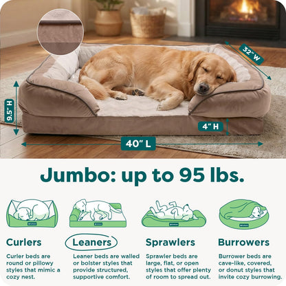 Large Memory Foam Dog Bed with Removable Bolsters and Washable Cover for Dogs up to 95 lbs - Plush Velvet Waves Comfort Sofa in Brownstone, Jumbo/XL