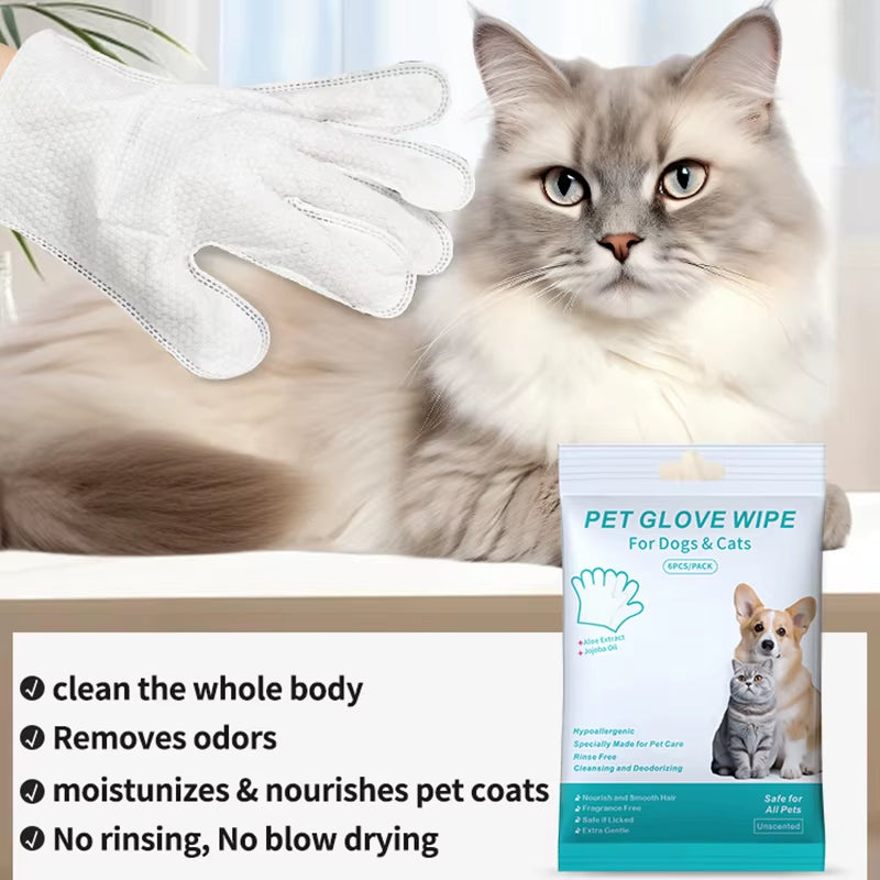 6-Piece Pet Cleaning Gloves with Deodorizing Wipes for Cats and Dogs - Gentle Wash-Free Solution