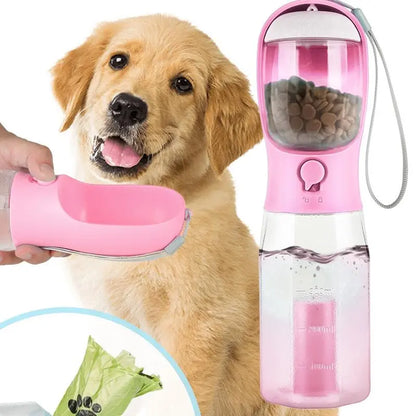 Portable Dog Water Bottle with 3-in-1 Travel Bowl Dispenser, Food Treat Container, and Poop Bag Holder - Ideal for Outdoor Activities with Large Dogs, 20 Oz, Blue
