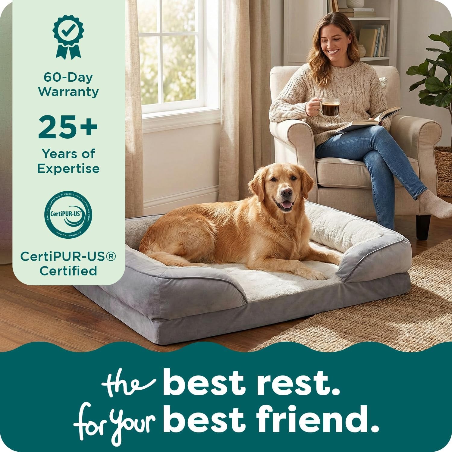 Large Memory Foam Dog Bed with Removable Bolsters and Washable Cover for Dogs up to 95 lbs - Plush Velvet Waves Comfort Sofa in Brownstone, Jumbo/XL
