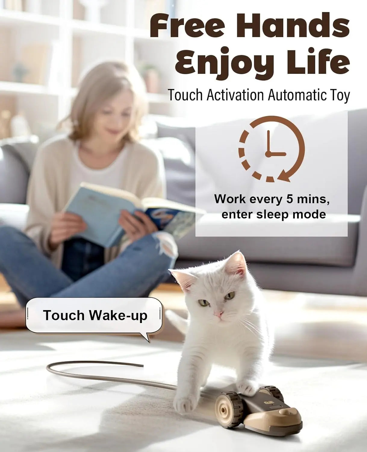 3-in-1 Interactive Cat Toy with Automatic Moving Mouse, Two-Speed Settings, Hanging Feather Ribbons, and Wiggly Silicone Tail for Indoor Cats and Kittens