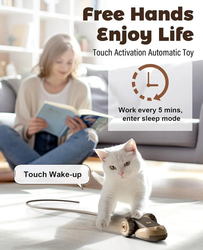 3-in-1 Interactive Cat Toy with Automatic Moving Mouse, Two-Speed Settings, Hanging Feather Ribbons, and Wiggly Silicone Tail for Indoor Cats and Kittens