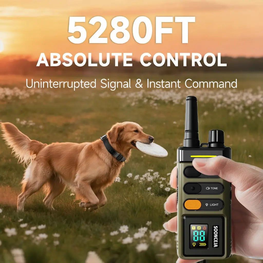 SOONCEJA 5280FT Remote Dog Training Collar - Waterproof Rechargeable E-Collar with 2 Stimulation Modes, Vibration, Tone, Night Light, and Pocket Clip for Medium to Large Dogs