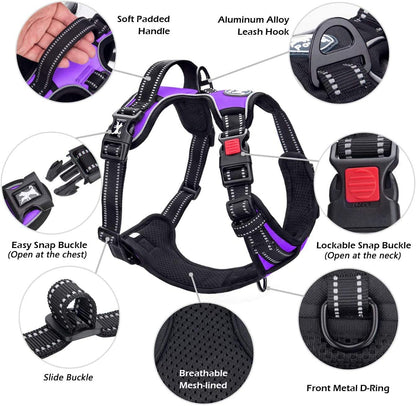Adjustable No-Pull Dog Harness with Front Clip and Reflective Design, Soft Padded Vest with Control Handle for Small to Large Dogs (Purple, Medium)
