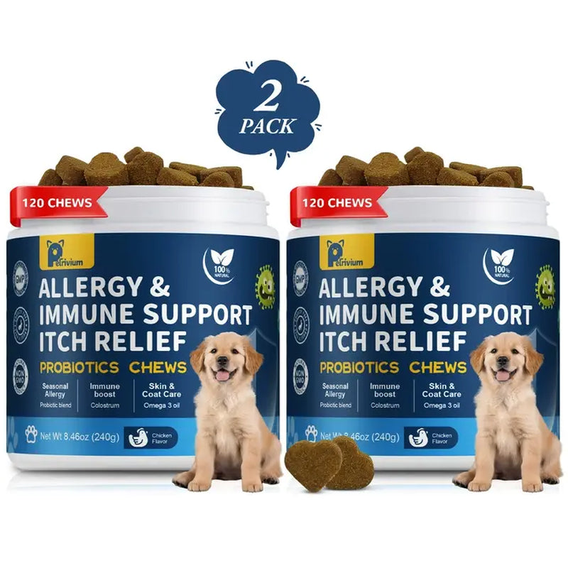 Upgraded Allergy and Immune Support Chews for Dogs - Jumbo Size 120 Count, Chicken Flavor, with Probiotics, Colostrum, and Fish Oil for Itching Relief and Gut Health