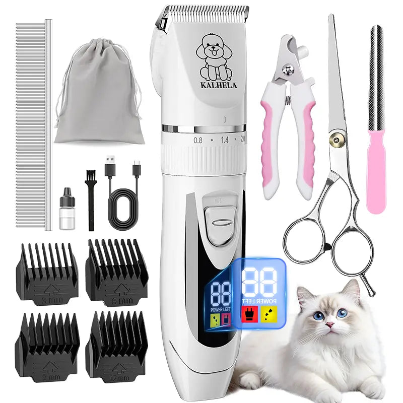 KALHELA Professional Dog Clippers with Low Noise Technology and LCD Digital Display - Rechargeable Cordless Grooming Kit for Small and Large Dogs and Cats