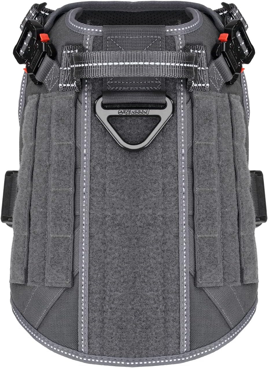 Medium Tactical Dog Harness with Dual Metal Buckles, MOLLE Vest for Working Dogs, No-Pull Front Leash Clip, and Hook and Loop Panel - Grey (Size M, Pack of 1)