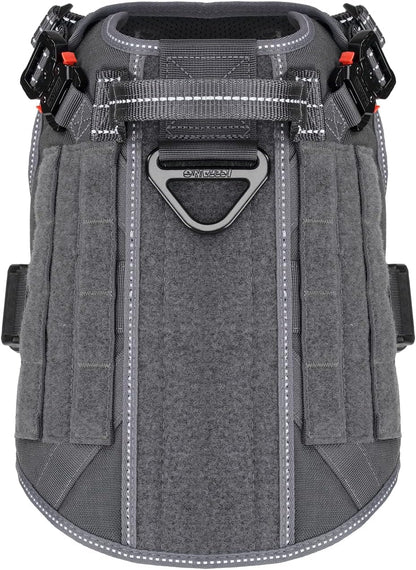 Medium Tactical Dog Harness with Dual Metal Buckles, MOLLE Vest for Working Dogs, No-Pull Front Leash Clip, and Hook and Loop Panel - Grey (Size M, Pack of 1)