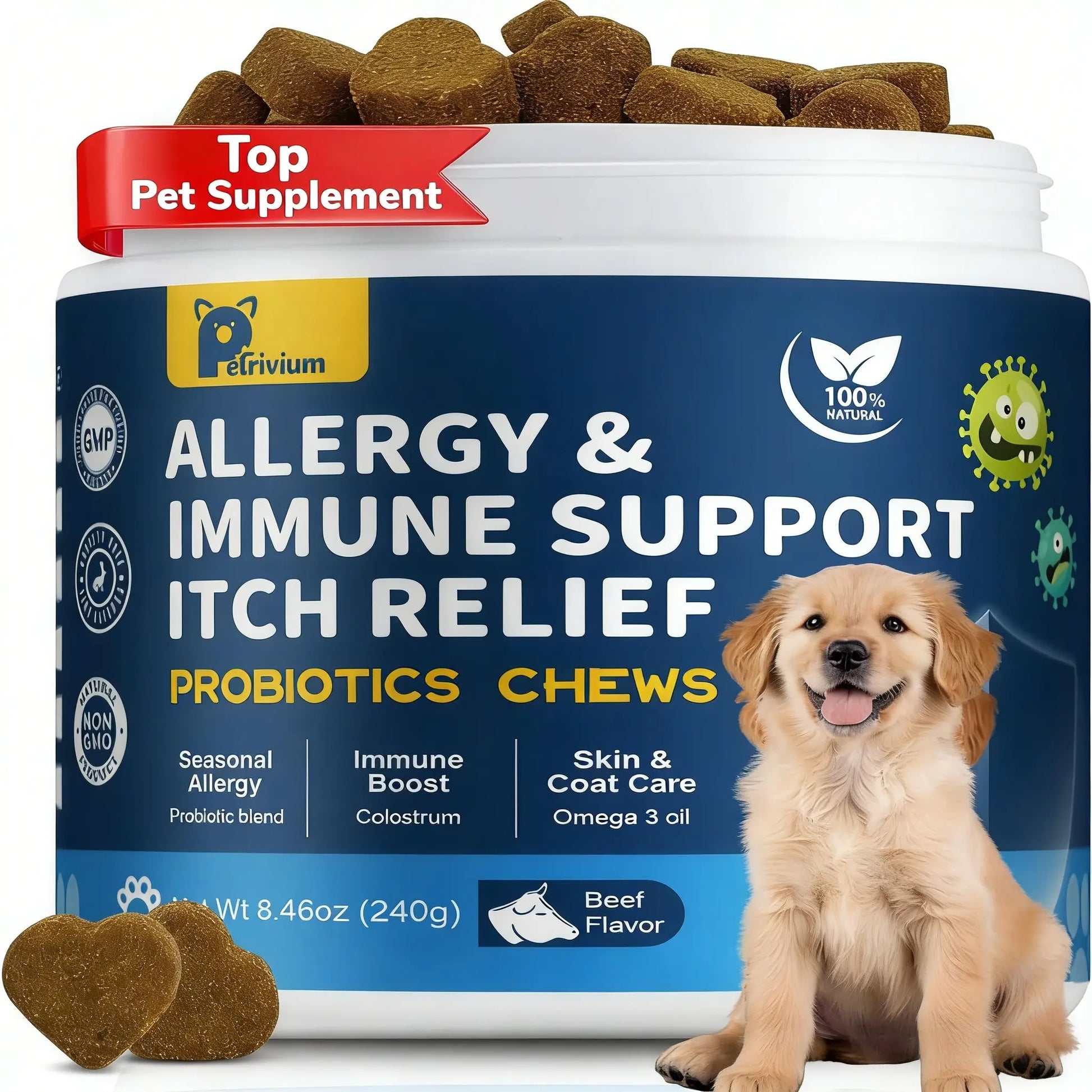 Upgraded Allergy and Immune Support Chews for Dogs - Jumbo Size 120 Count, Chicken Flavor, with Probiotics, Colostrum, and Fish Oil for Itching Relief and Gut Health