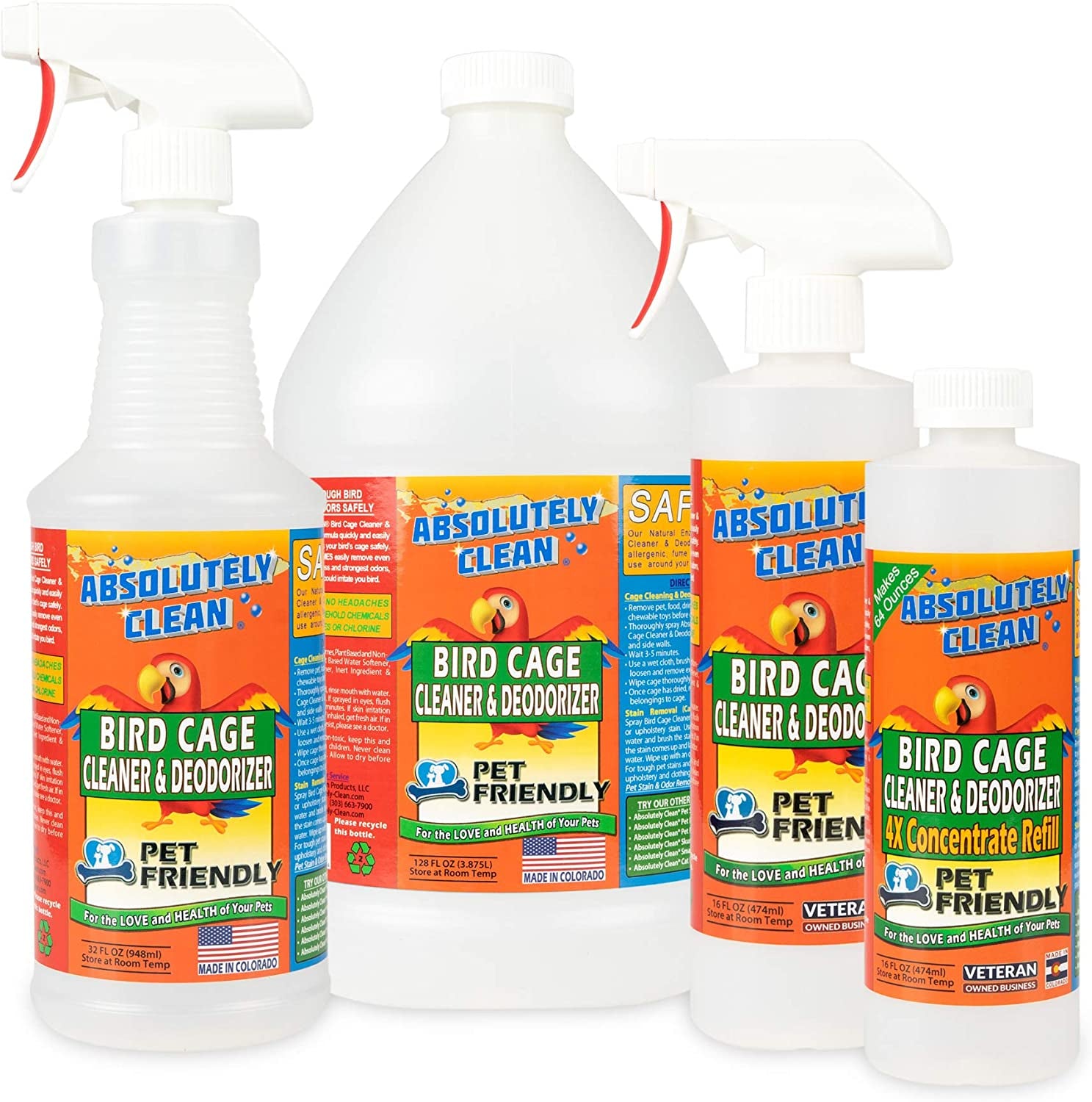 Premium Bird Cage Cleaner and Deodorizer - Effortless Spray and Wipe Application - Effectively Eliminates Bird Waste - Made in the USA - Fragrance-Free Formula (4X Concentrate - 16oz Yields 64oz)