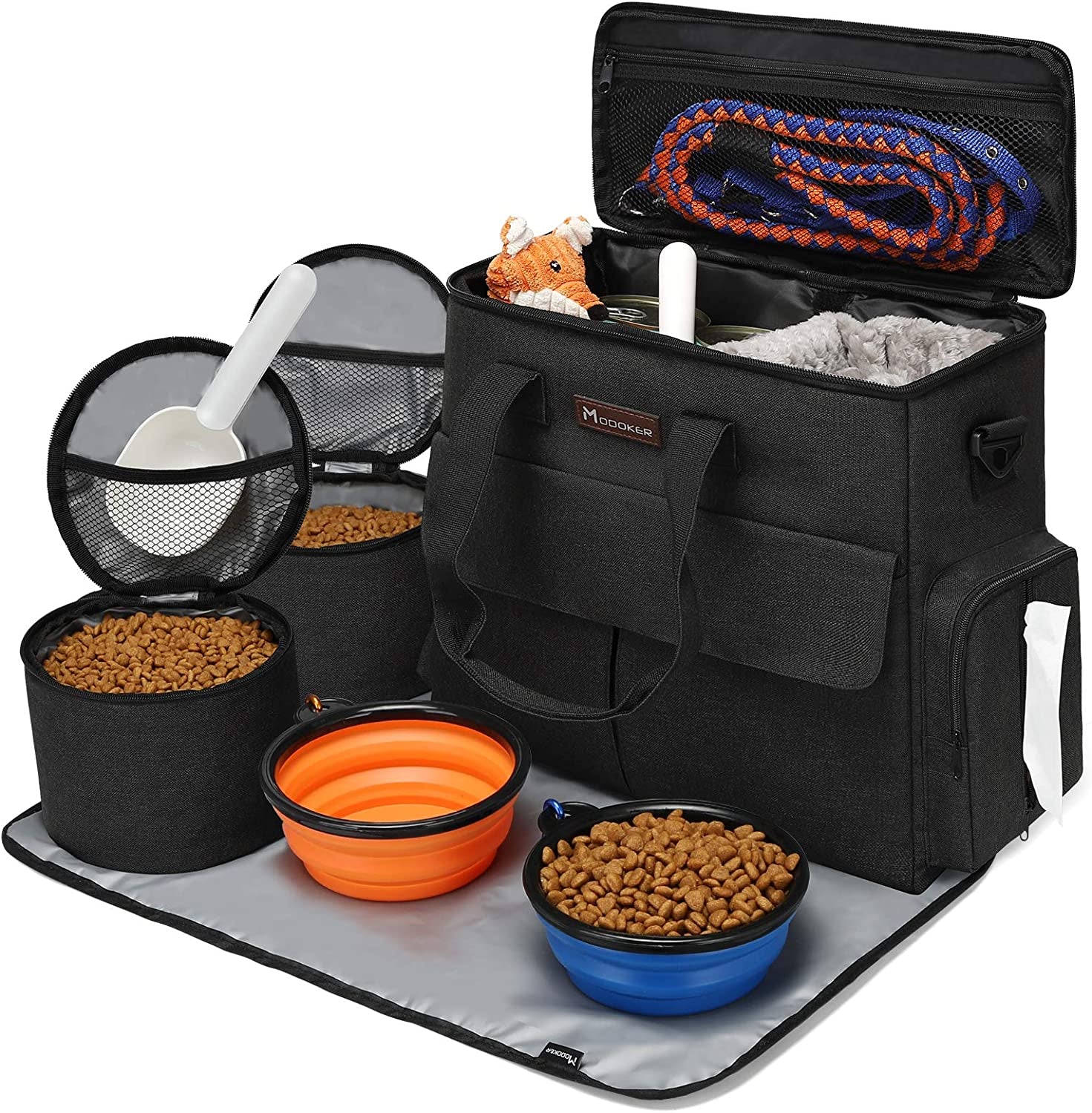 Professional Dog Travel Kit: Comprehensive Weekend Travel Bag with Organizer, Two Collapsible Bowls, and Two Food Containers (Black)