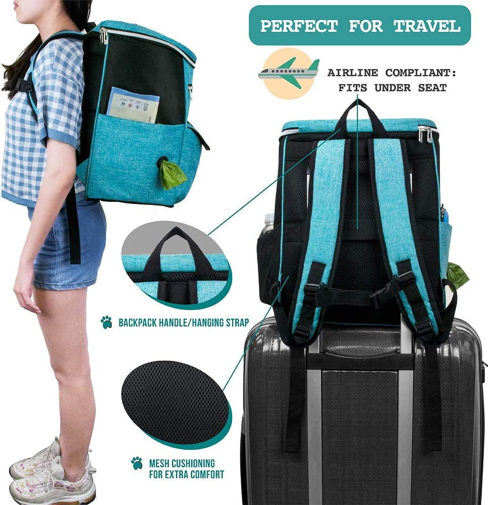 Professional Dog Travel Backpack - Airline Approved, Versatile Diaper Bag for Puppies, Essential Accessories for Camping and Hiking, Includes Food Container and Collapsible Bowls, Ideal Gift for Dog Owners, Teal Blue