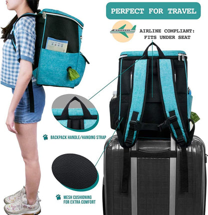 Professional Dog Travel Backpack - Airline Approved, Versatile Diaper Bag for Puppies, Essential Accessories for Camping and Hiking, Includes Food Container and Collapsible Bowls, Ideal Gift for Dog Owners, Teal Blue