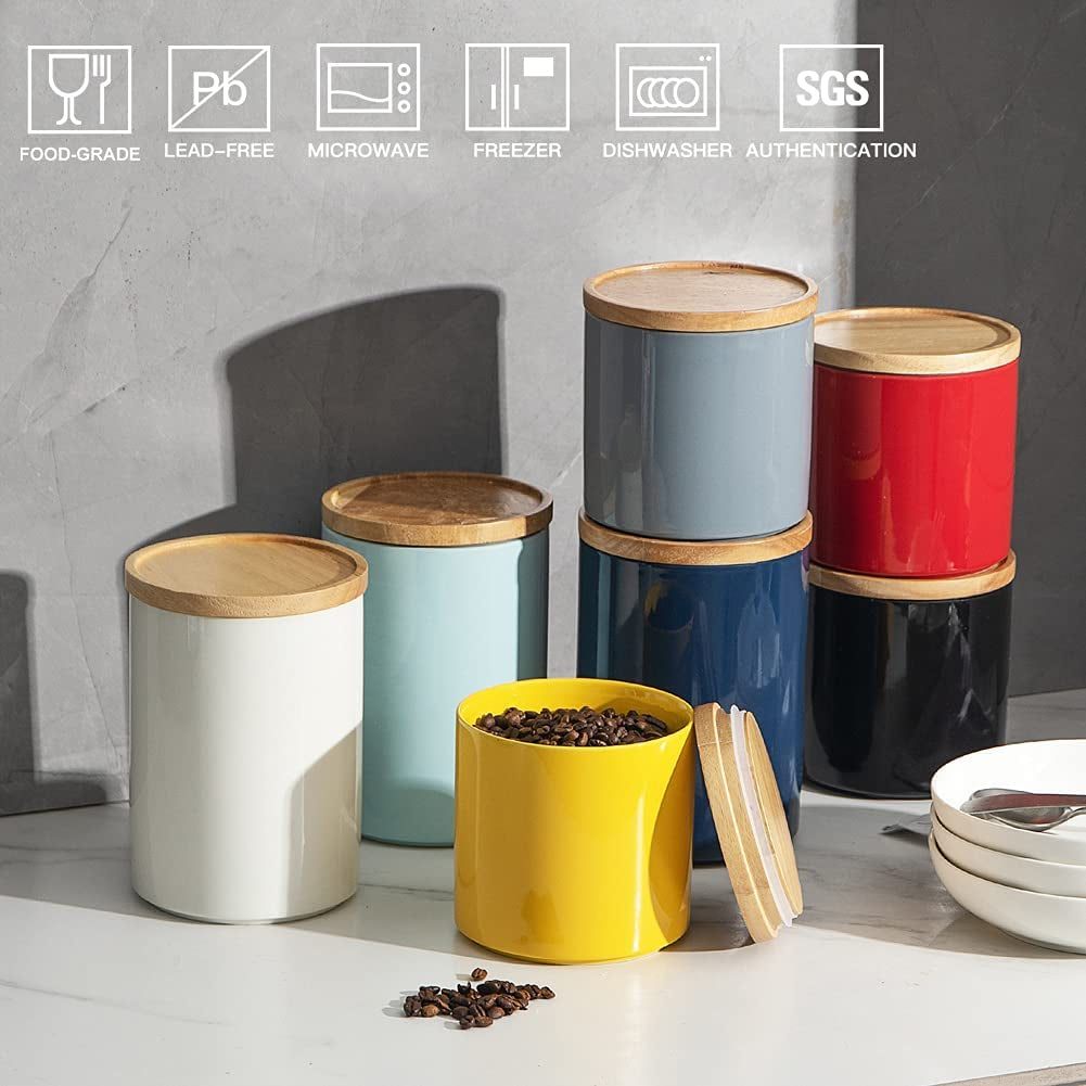 Ceramic Kitchen Canisters for Food Storage - Stackable Airtight Containers with Wooden Lids for Coffee Beans, Flour, Tea, Cookies, and More - 58 Fl Oz (Navy)