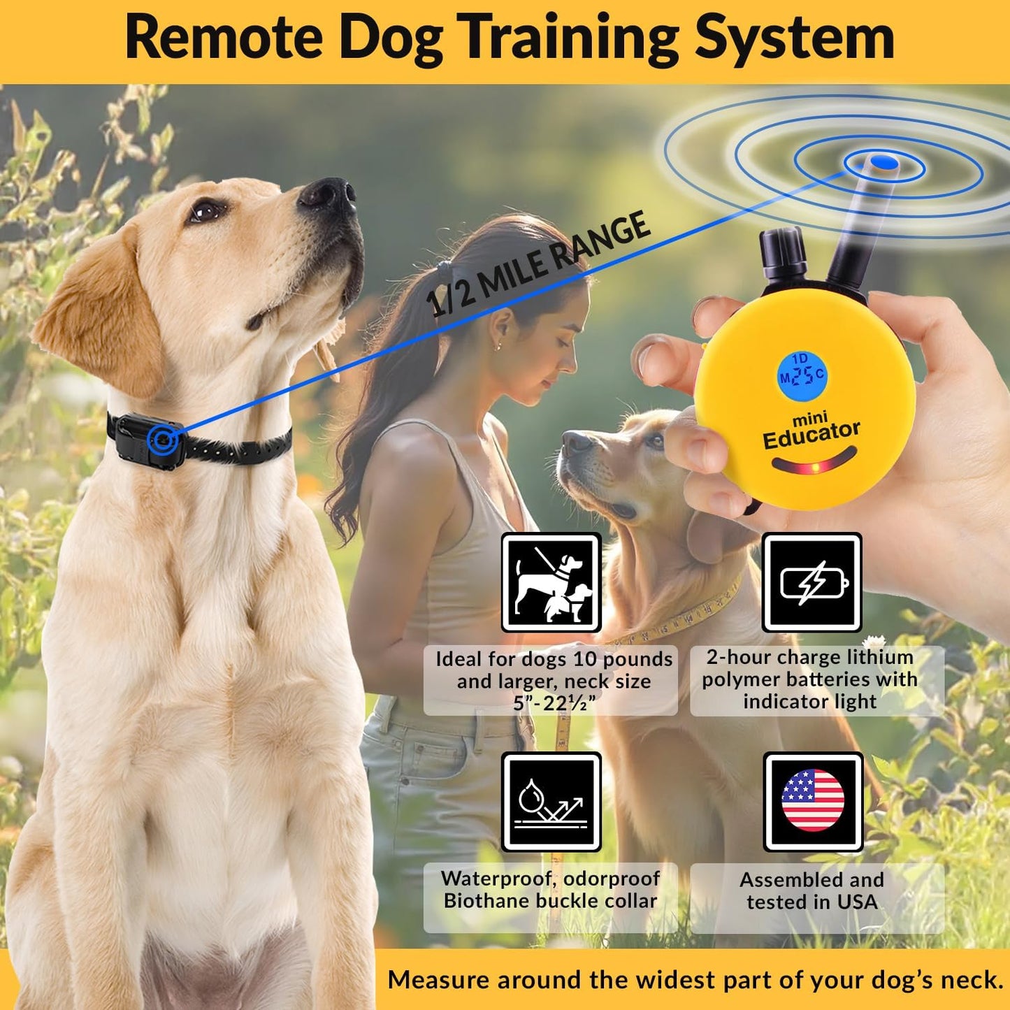 ET-300 Mini Remote Dog Training Collar - Waterproof with 1/2 Mile Range, Premium Clicker Trainer, 100 Stimulation Levels, Vibration, Light, and Sound Features for Small to Medium Dogs, Yellow