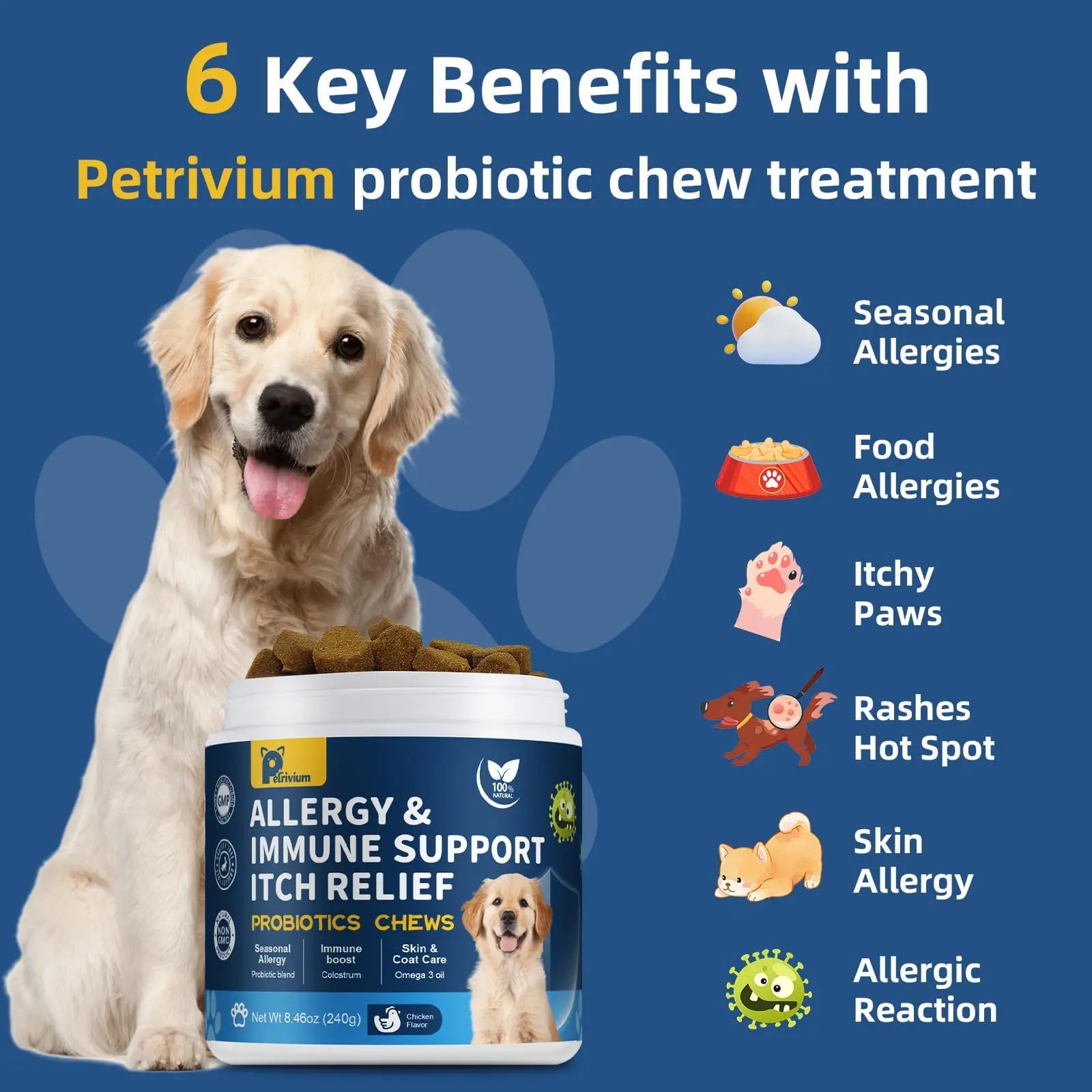 Upgraded Allergy and Immune Support Chews for Dogs - Jumbo Size 120 Count, Chicken Flavor, with Probiotics, Colostrum, and Fish Oil for Itching Relief and Gut Health